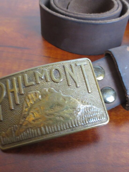Philmont Belt Buckle Bastian Bros Co Rochester NY 1939 Union  Philmont Belt Buckle Brass & NPET Leather Belt Size 40 Brown